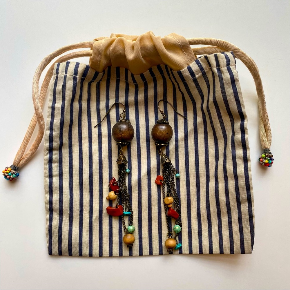 Wood and bead dangle earrings featuring colors of blue, red, green & bro…